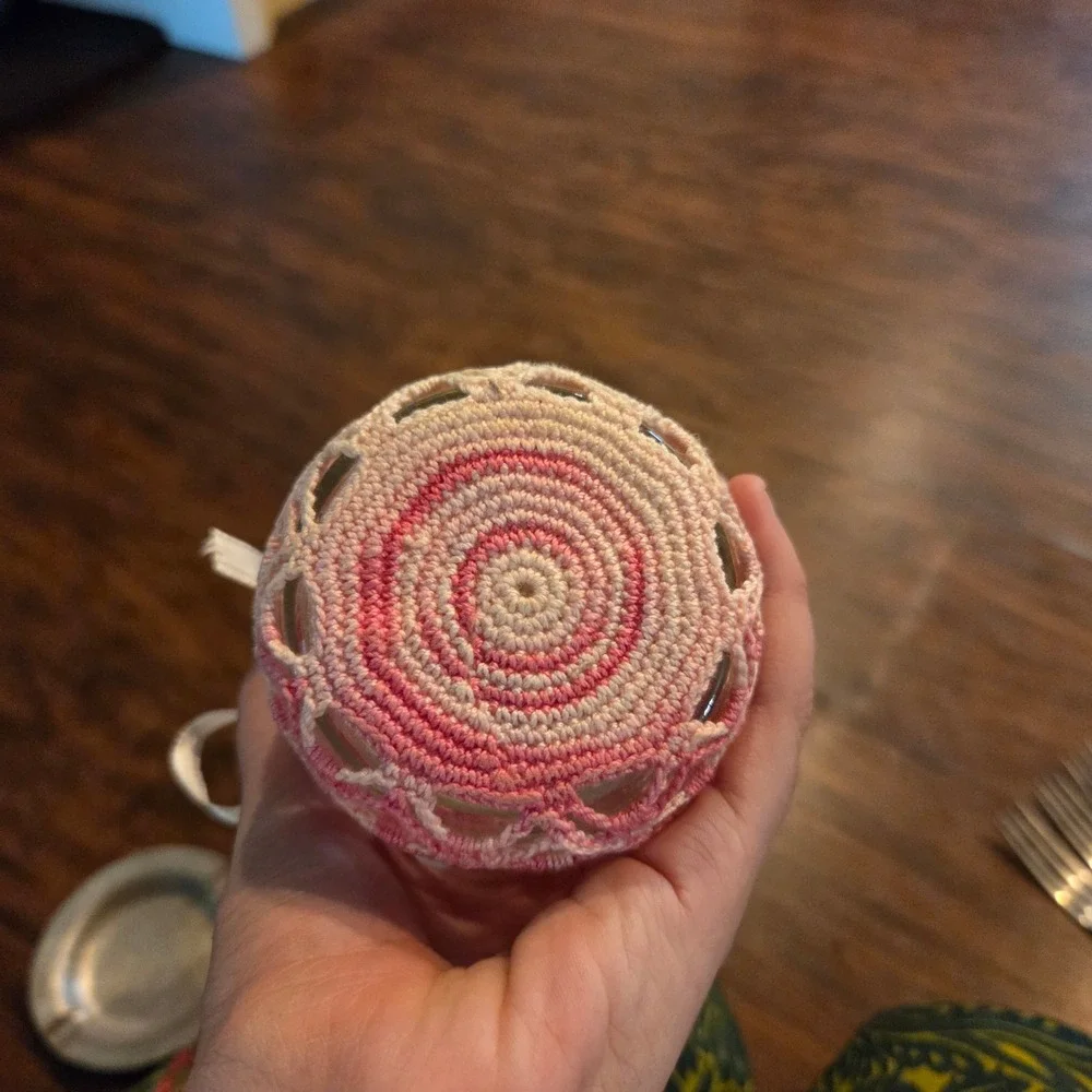 Handmade Pink Ombre Crochet Mason Jar Cover with Ribbon Lace Vase Decor